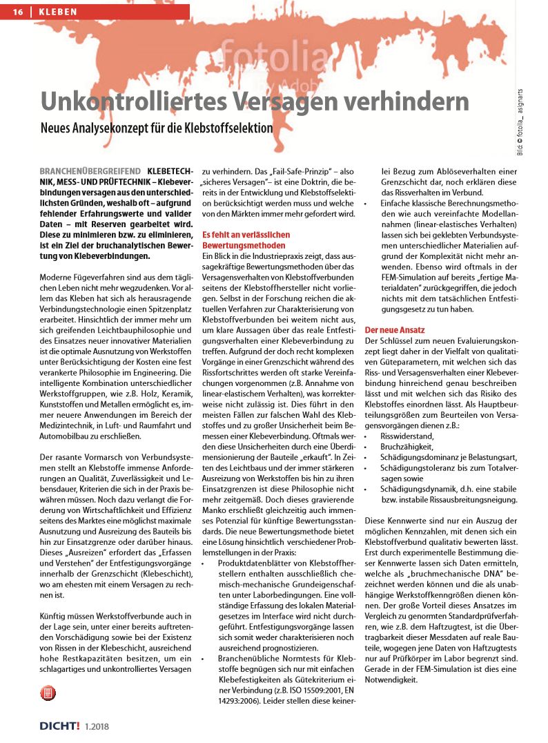 Publication preview - Preventing uncontrolled failure. New analysis concept for adhesive selection