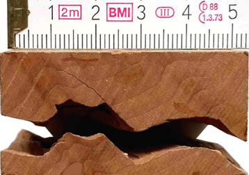 Ein Stück Holz mit einem Riss in der Mitte und einem Maßstab oben